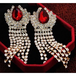 Yellow Gold long peacock design earrings with glittering big red and white crystal